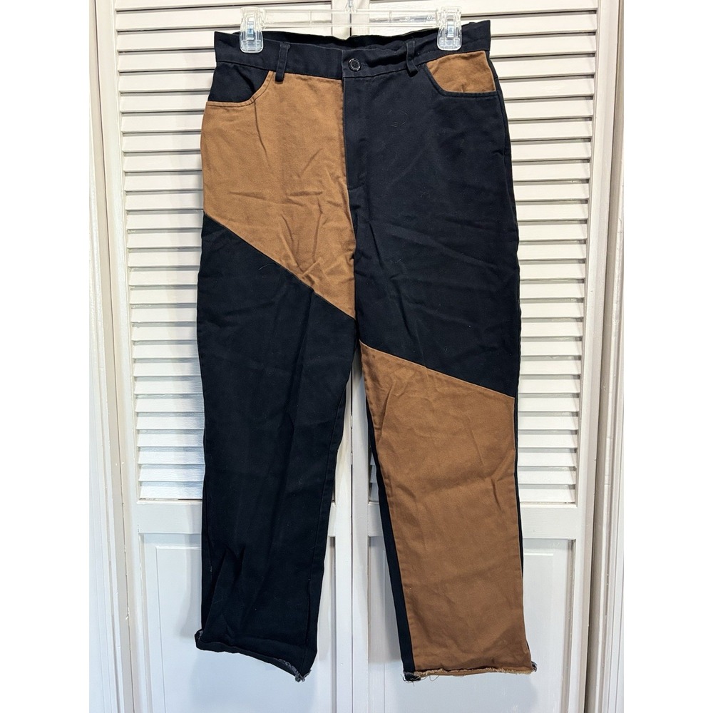 Romwe Black/Tan Colorblock Crop Pant Zip/Button Size Medium Raw Hem High Rise